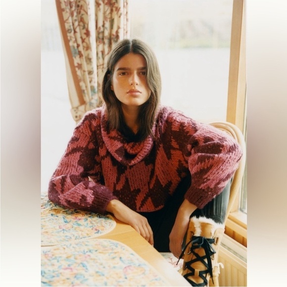 Anthropologie Ginny Oversized Houndstooth Sweater Turtleneck Cowl Neck Cropped - Picture 14 of 14